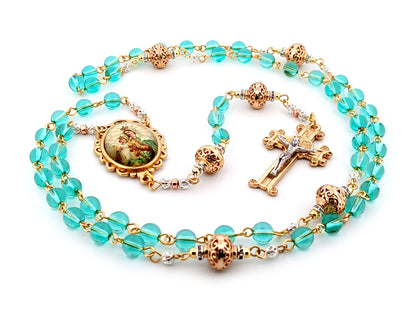 Our Lady of Mount Carmel Austrian crystal and gold unique rosary beads with gold scroll Saint Benedict crucifix.