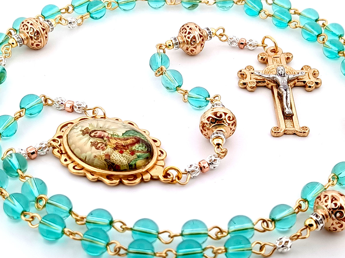 Our Lady of Mount Carmel Austrian crystal and gold unique rosary beads with gold scroll Saint Benedict crucifix.