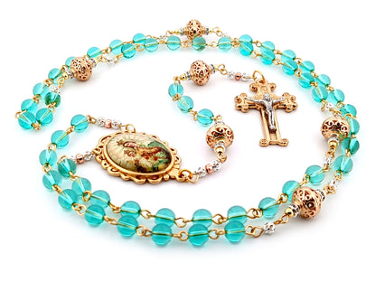 Our Lady of Mount Carmel Austrian crystal and gold unique rosary beads with gold scroll Saint Benedict crucifix.