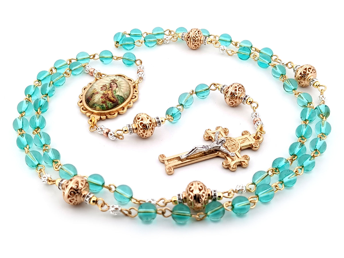 Our Lady of Mount Carmel Austrian crystal and gold unique rosary beads with gold scroll Saint Benedict crucifix.