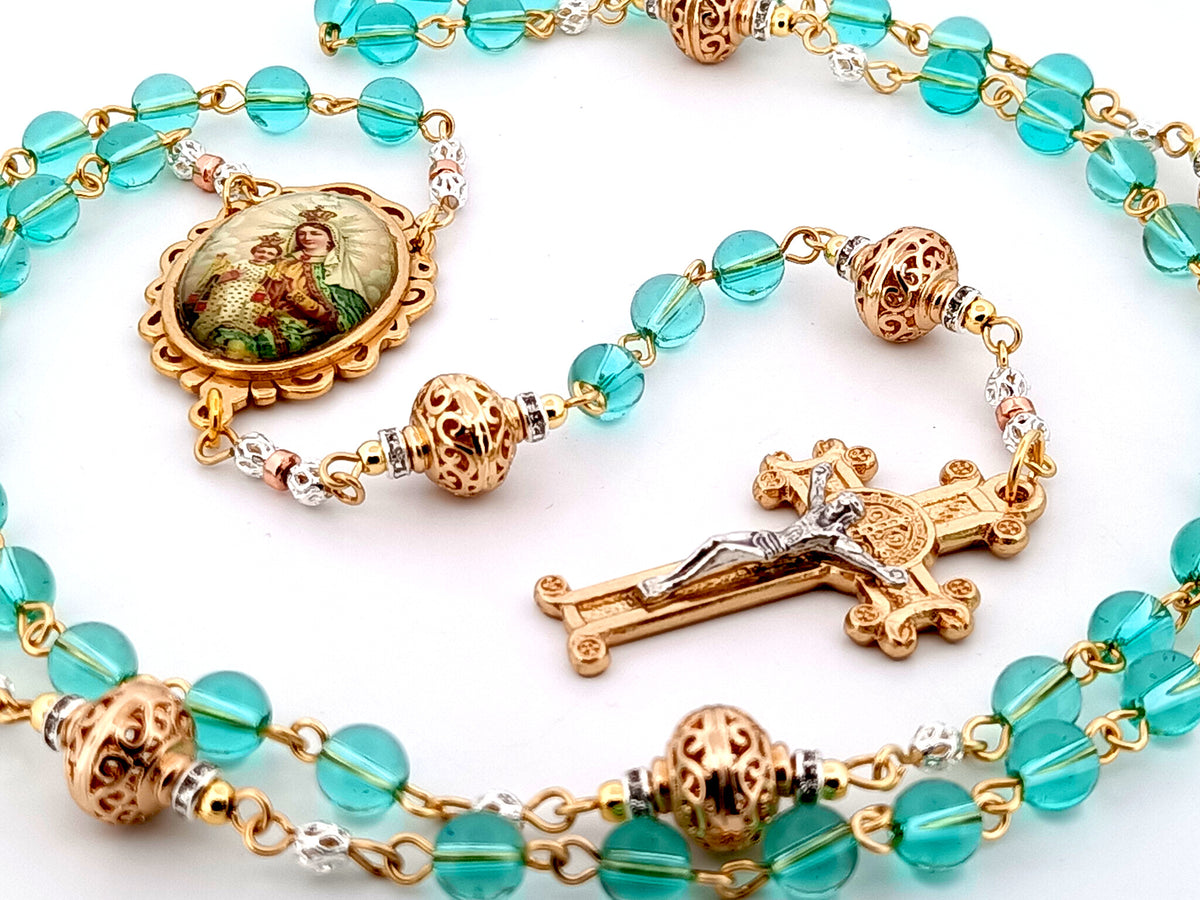 Our Lady of Mount Carmel Austrian crystal and gold unique rosary beads with gold scroll Saint Benedict crucifix.