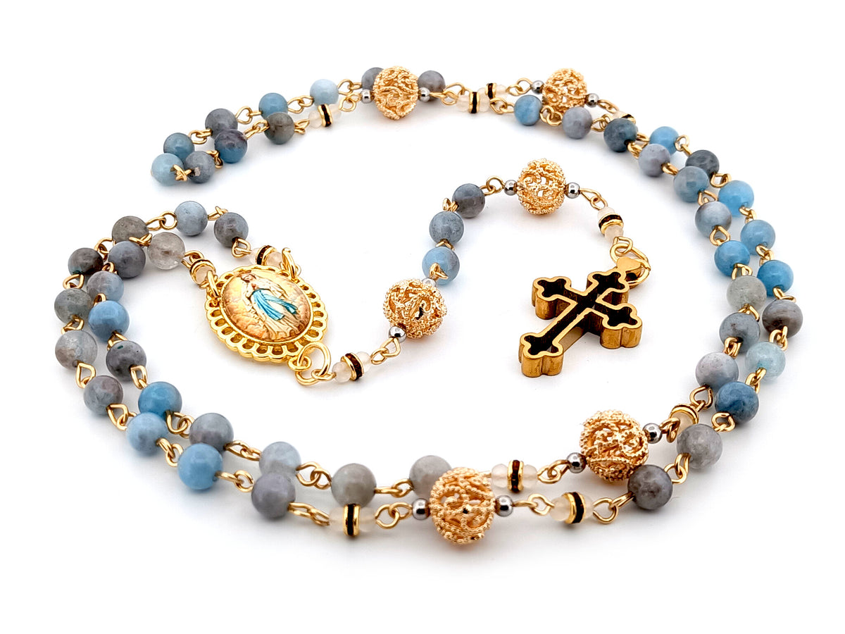 Immaculate Conception aqua marine gemstone and 18K gold unique rosary beads with gold plated 3D cross.