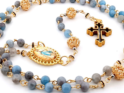 Immaculate Conception aqua marine gemstone and 18K gold unique rosary beads with gold plated 3D cross.
