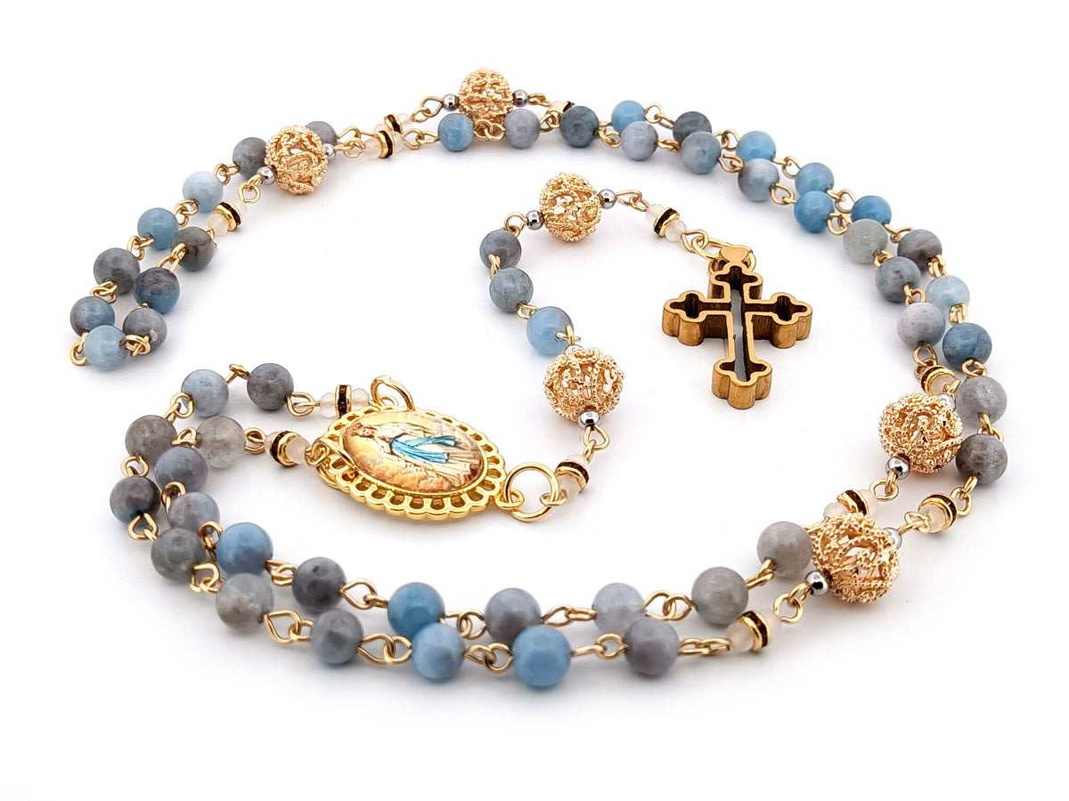 Immaculate Conception aqua marine gemstone and 18K gold unique rosary beads with gold plated 3D cross.