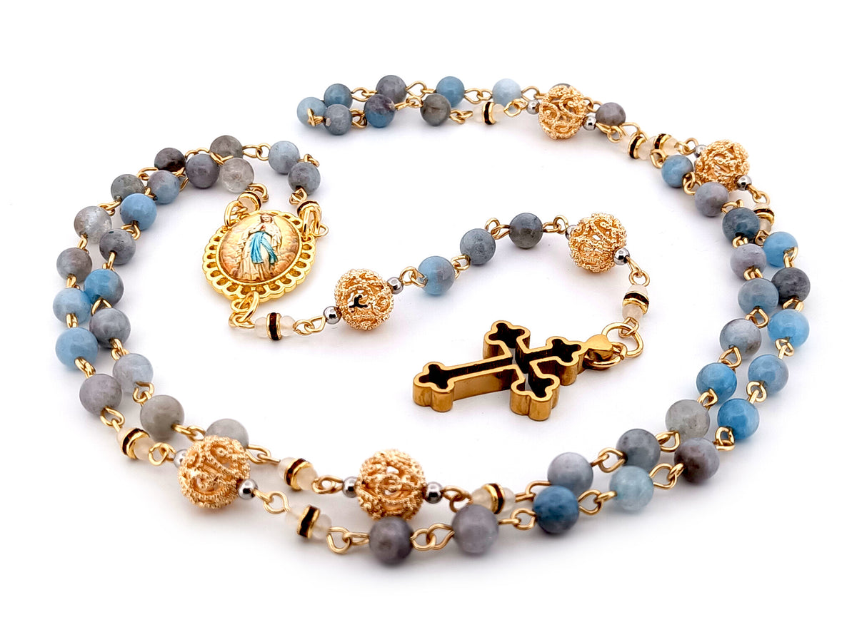 Immaculate Conception aqua marine gemstone and 18K gold unique rosary beads with gold plated 3D cross.