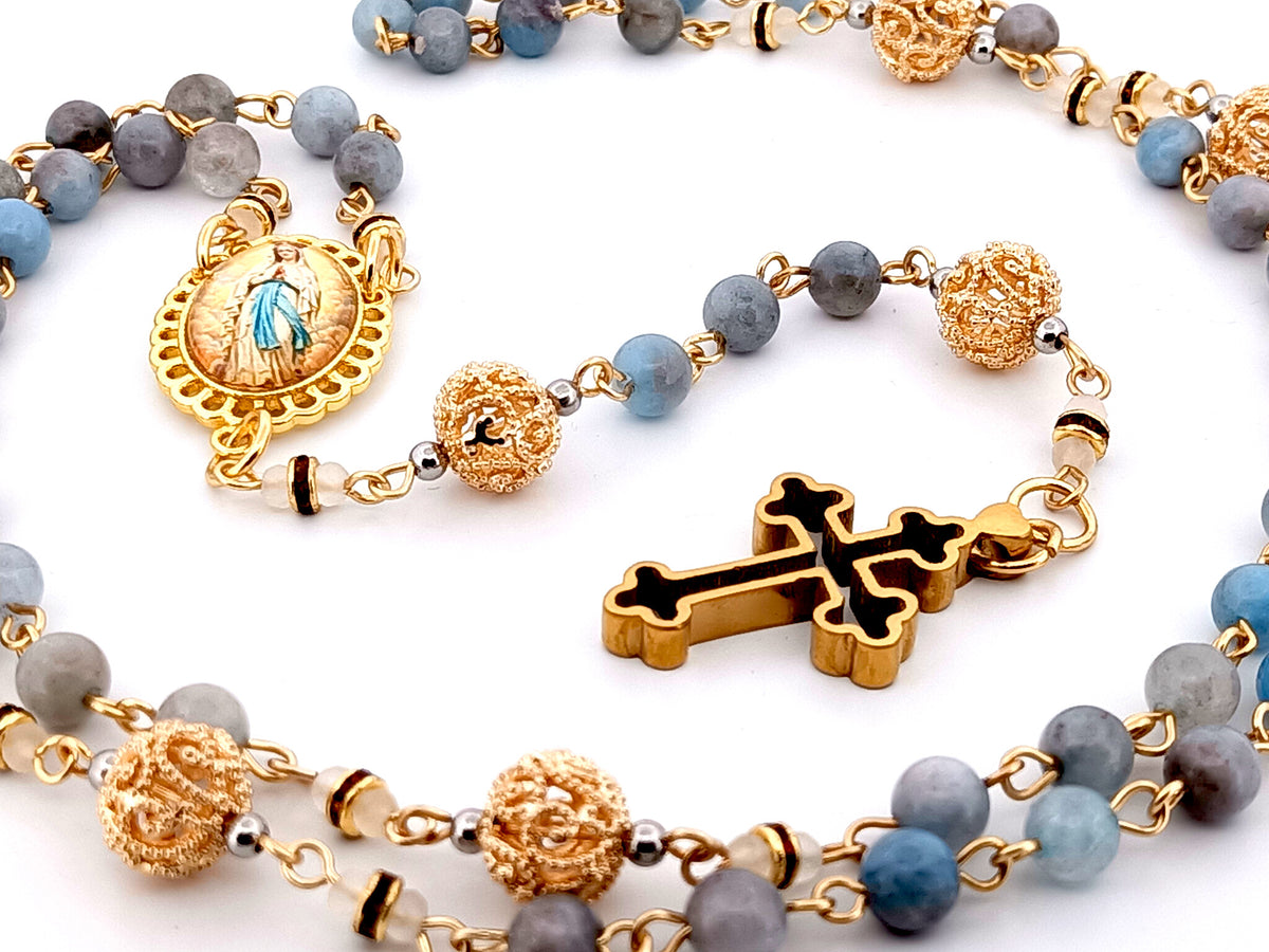 Immaculate Conception aqua marine gemstone and 18K gold unique rosary beads with gold plated 3D cross.