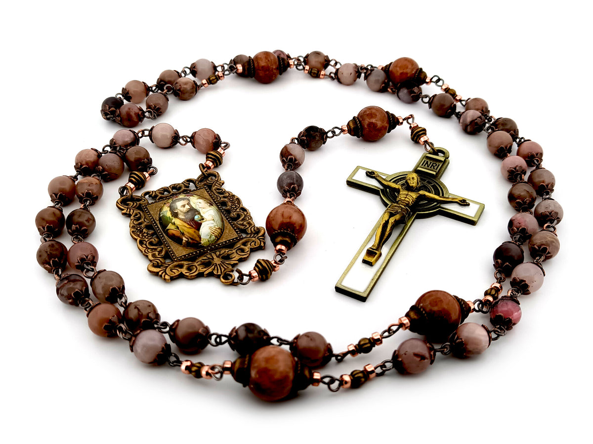 Saint Joseph rhodonite and jasper gemstone unique rosary beads with white enamel brass crucifix.