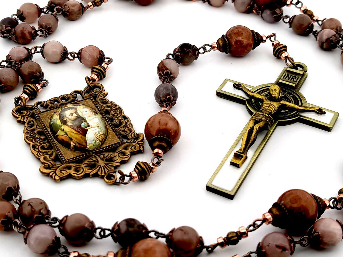 Saint Joseph rhodonite and jasper gemstone unique rosary beads with white enamel brass crucifix.