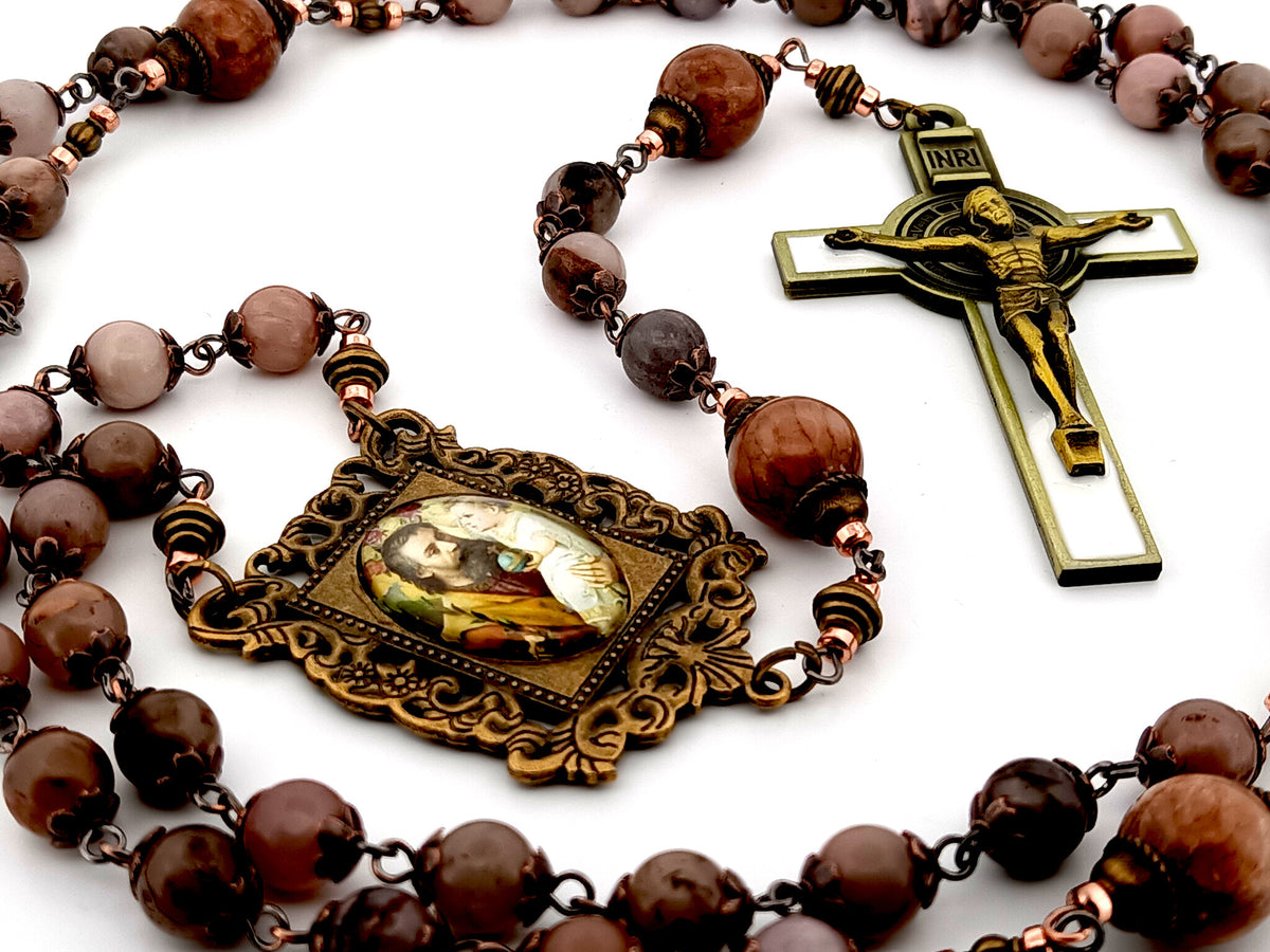 Saint Joseph rhodonite and jasper gemstone unique rosary beads with white enamel brass crucifix.