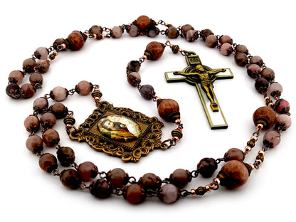 Saint Joseph rhodonite and jasper gemstone unique rosary beads with white enamel brass crucifix.