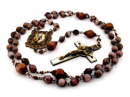 Saint Joseph rhodonite and jasper gemstone unique rosary beads with white enamel brass crucifix.