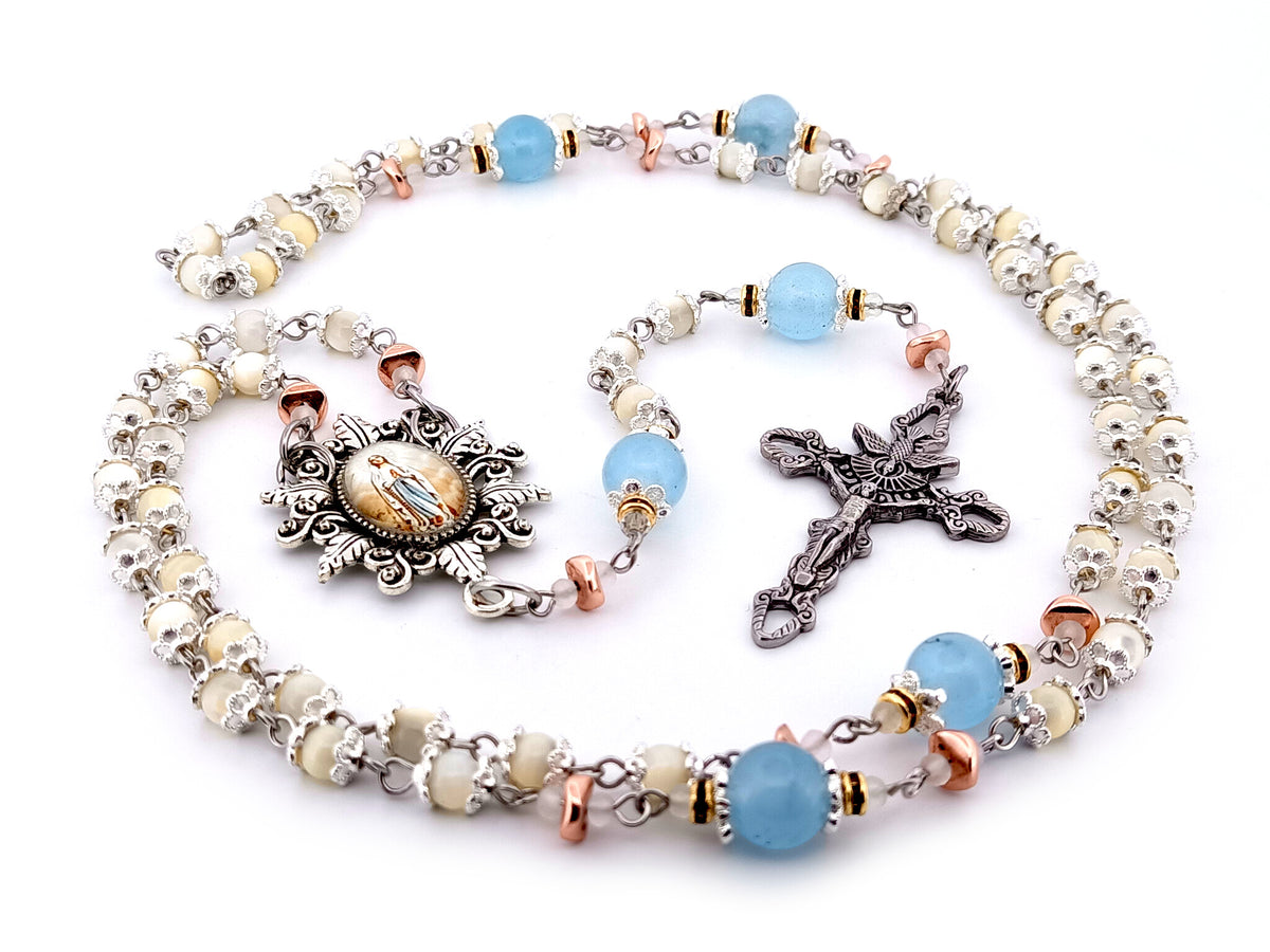 Immaculate Conception mother of pearl and blue glass unique rosary beads with Holy Spirit crucifix.
