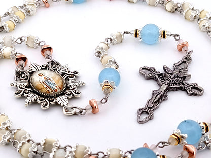 Immaculate Conception mother of pearl and blue glass unique rosary beads with Holy Spirit crucifix.