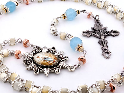 Immaculate Conception mother of pearl and blue glass unique rosary beads with Holy Spirit crucifix.