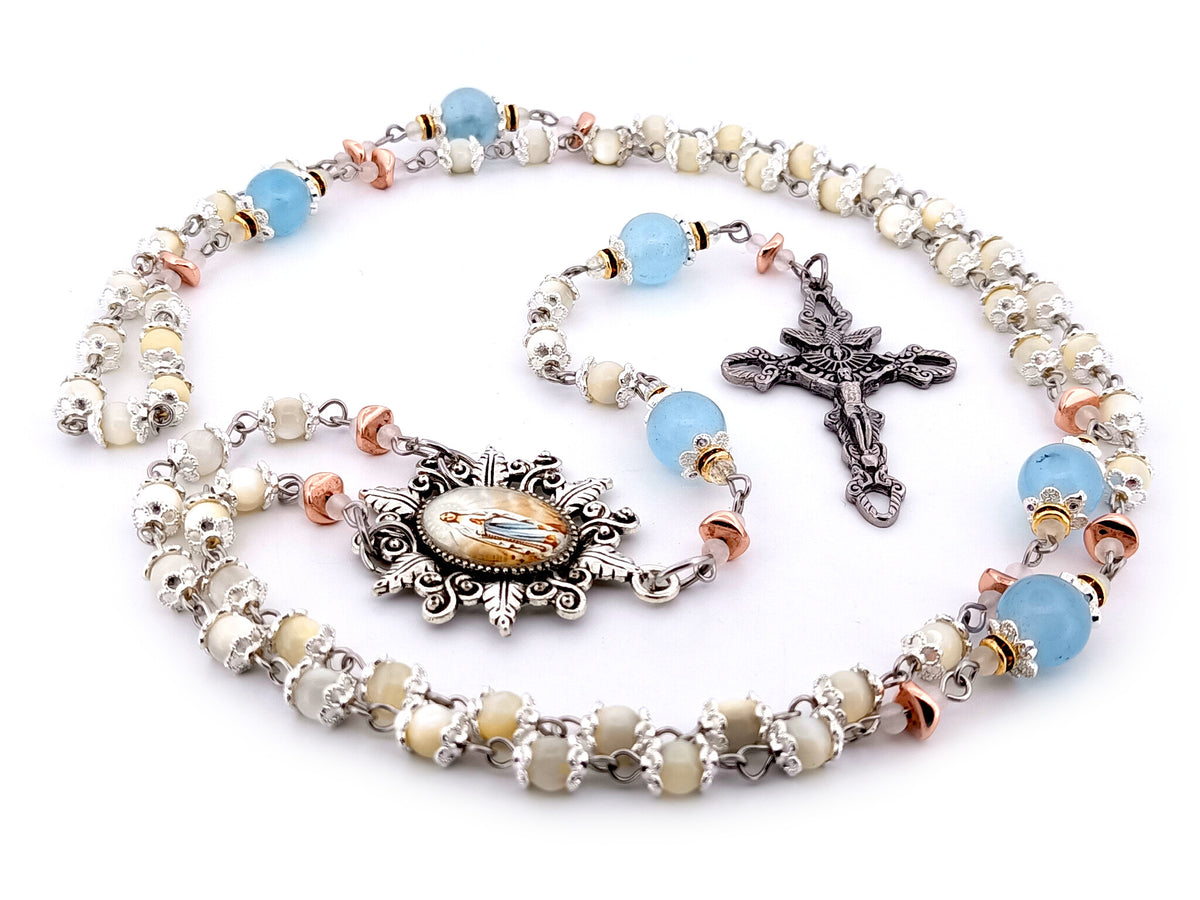 Immaculate Conception mother of pearl and blue glass unique rosary beads with Holy Spirit crucifix.
