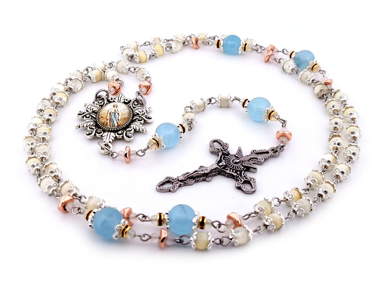 Immaculate Conception mother of pearl and blue glass unique rosary beads with Holy Spirit crucifix.