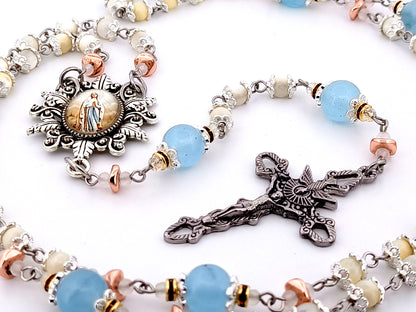 Immaculate Conception mother of pearl and blue glass unique rosary beads with Holy Spirit crucifix.