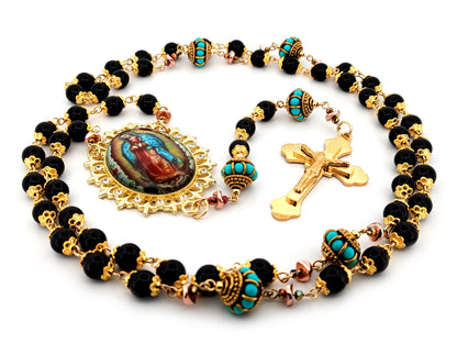 Our Lady of Guadalupe onyx gemstone unique rosary beads with gold plated 3D stainless steel crucifix.