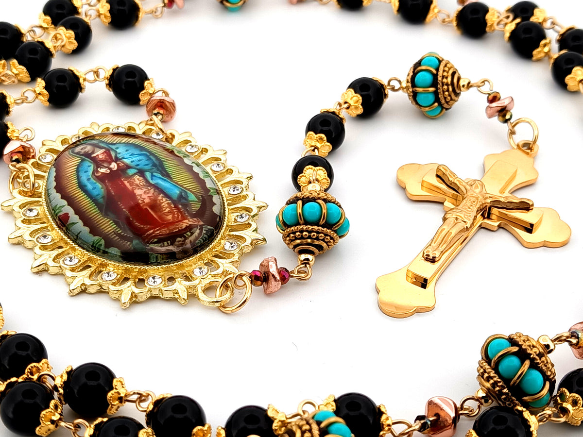 Our Lady of Guadalupe onyx gemstone unique rosary beads with gold plated 3D stainless steel crucifix.