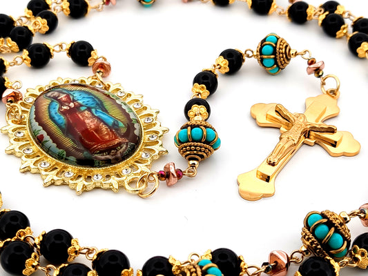 Our Lady of Guadalupe onyx gemstone unique rosary beads with gold plated 3D stainless steel crucifix.