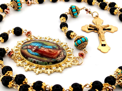 Our Lady of Guadalupe onyx gemstone unique rosary beads with gold plated 3D stainless steel crucifix.