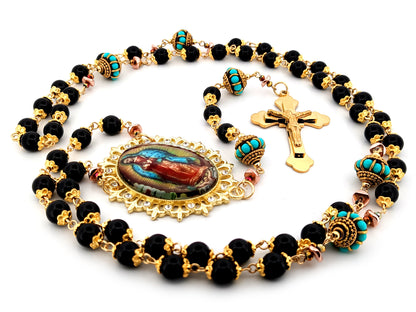 Our Lady of Guadalupe onyx gemstone unique rosary beads with gold plated 3D stainless steel crucifix.