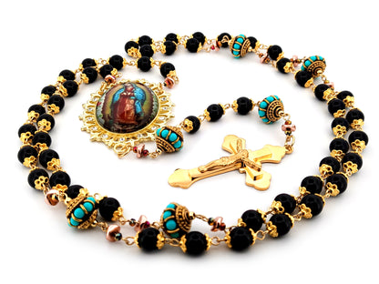 Our Lady of Guadalupe onyx gemstone unique rosary beads with gold plated 3D stainless steel crucifix.