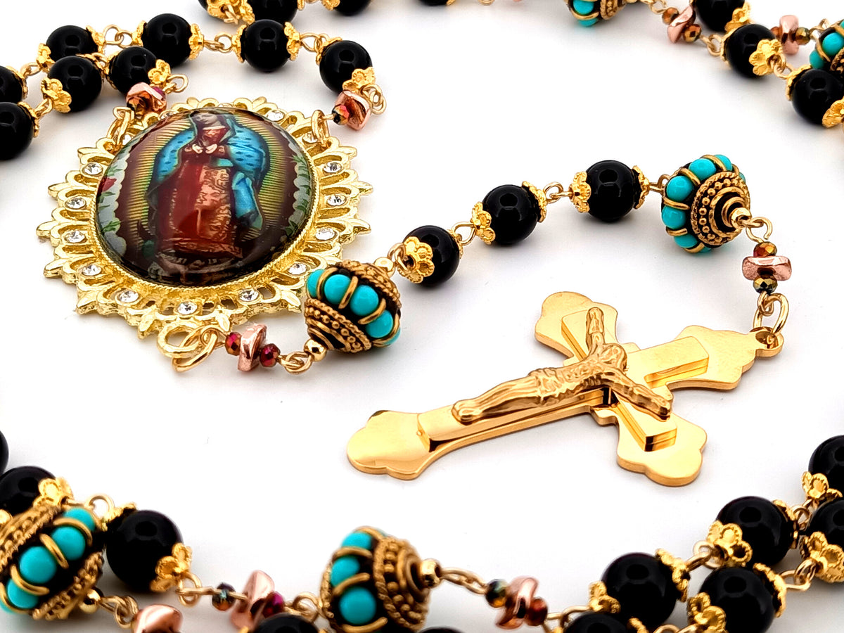 Our Lady of Guadalupe onyx gemstone unique rosary beads with gold plated 3D stainless steel crucifix.