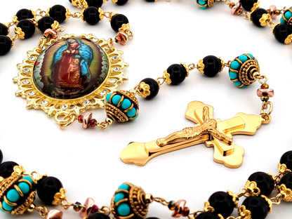 Our Lady of Guadalupe onyx gemstone unique rosary beads with gold plated 3D stainless steel crucifix.