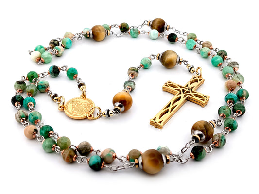 Miraculous medal line green jasper and tigers eye gemstone unique rosary beads with gold plated 3D lattice crucifix.