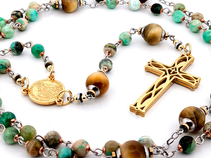 Miraculous medal line green jasper and tigers eye gemstone unique rosary beads with gold plated 3D lattice crucifix.