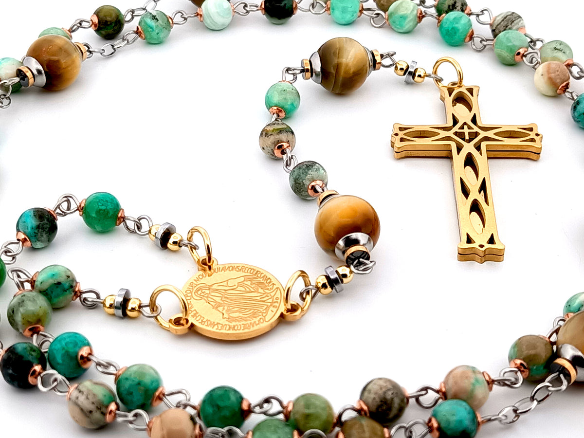 Miraculous medal line green jasper and tigers eye gemstone unique rosary beads with gold plated 3D lattice crucifix.