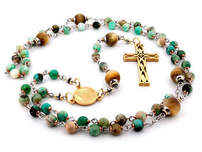 Miraculous medal line green jasper and tigers eye gemstone unique rosary beads with gold plated 3D lattice crucifix.