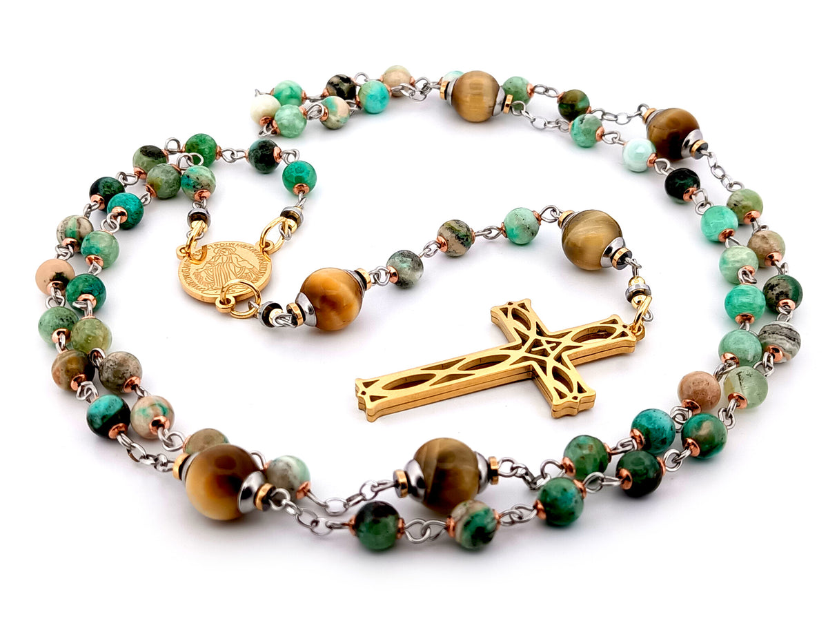 Miraculous medal line green jasper and tigers eye gemstone unique rosary beads with gold plated 3D lattice crucifix.