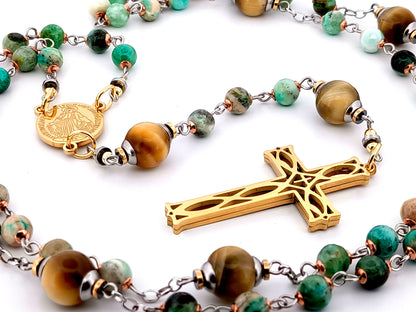 Miraculous medal line green jasper and tigers eye gemstone unique rosary beads with gold plated 3D lattice crucifix.