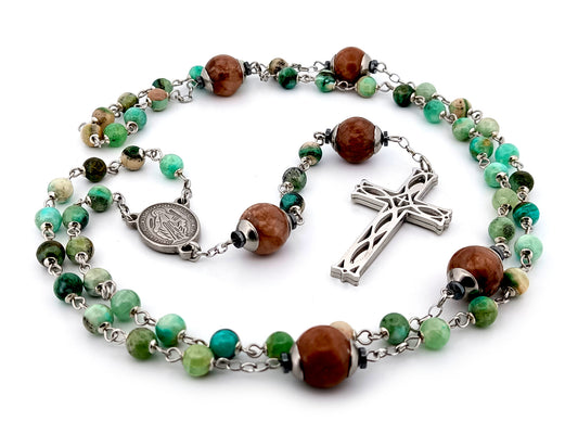 Miraculous Medal line green jasper and marble agate gemstone unique rosary beads with stainless steel lattice cross.