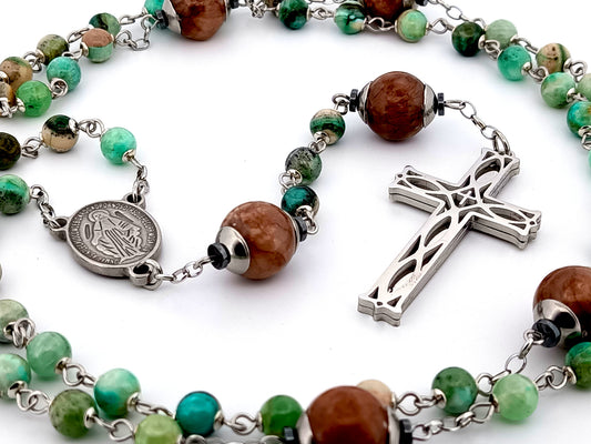 Miraculous Medal line green jasper and marble agate gemstone unique rosary beads with stainless steel lattice cross.