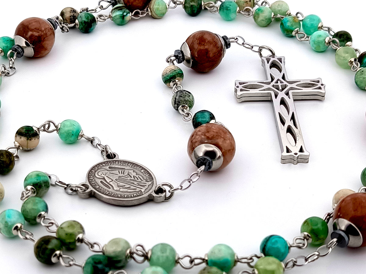Miraculous Medal line green jasper and marble agate gemstone unique rosary beads with stainless steel lattice cross.