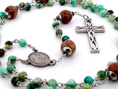 Miraculous Medal line green jasper and marble agate gemstone unique rosary beads with stainless steel lattice cross.