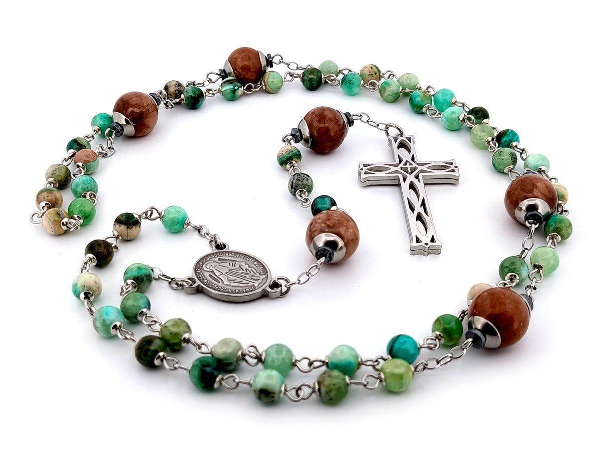 Miraculous Medal line green jasper and marble agate gemstone unique rosary beads with stainless steel lattice cross.