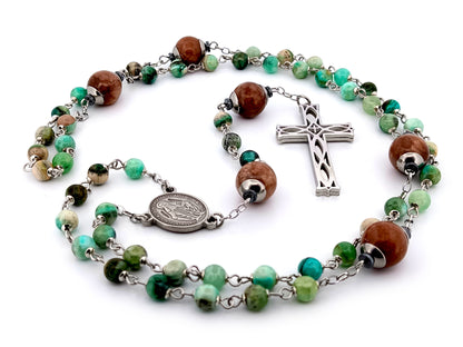 Miraculous Medal line green jasper and marble agate gemstone unique rosary beads with stainless steel lattice cross.