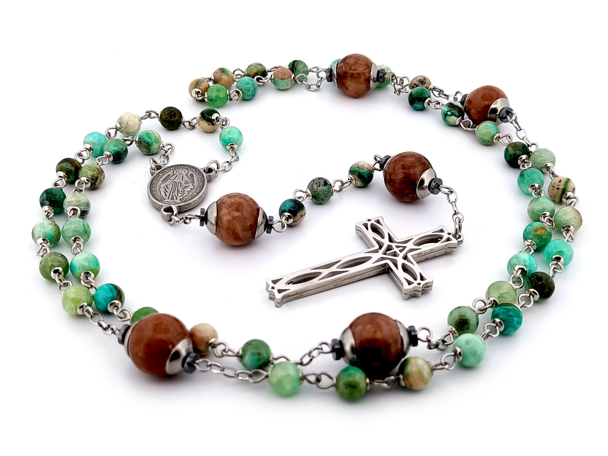 Miraculous Medal line green jasper and marble agate gemstone unique rosary beads with stainless steel lattice cross.