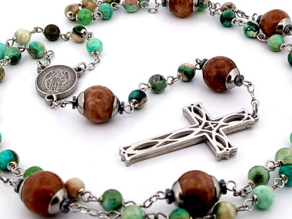 Miraculous Medal line green jasper and marble agate gemstone unique rosary beads with stainless steel lattice cross.