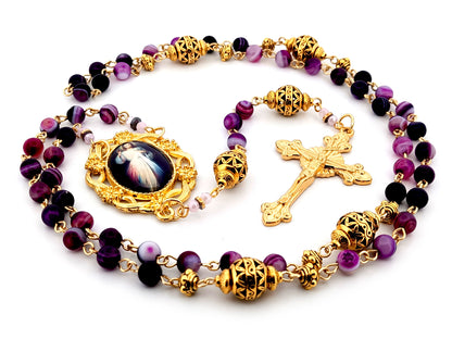Divine Mercy purple striped agate and gold gemstone unique rosary beads with gold plated sunburst crucifix.
