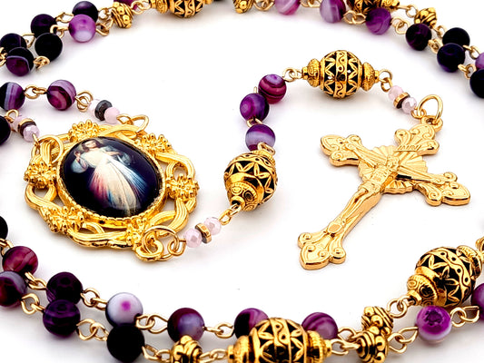 Divine Mercy purple striped agate and gold gemstone unique rosary beads with gold plated sunburst crucifix.