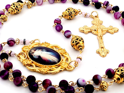 Divine Mercy purple striped agate and gold gemstone unique rosary beads with gold plated sunburst crucifix.