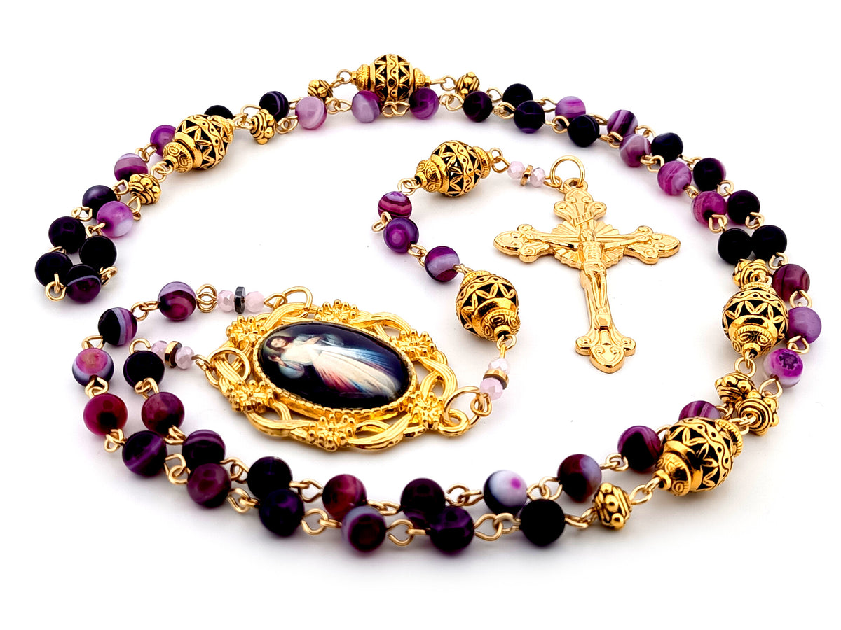 Divine Mercy purple striped agate and gold gemstone unique rosary beads with gold plated sunburst crucifix.