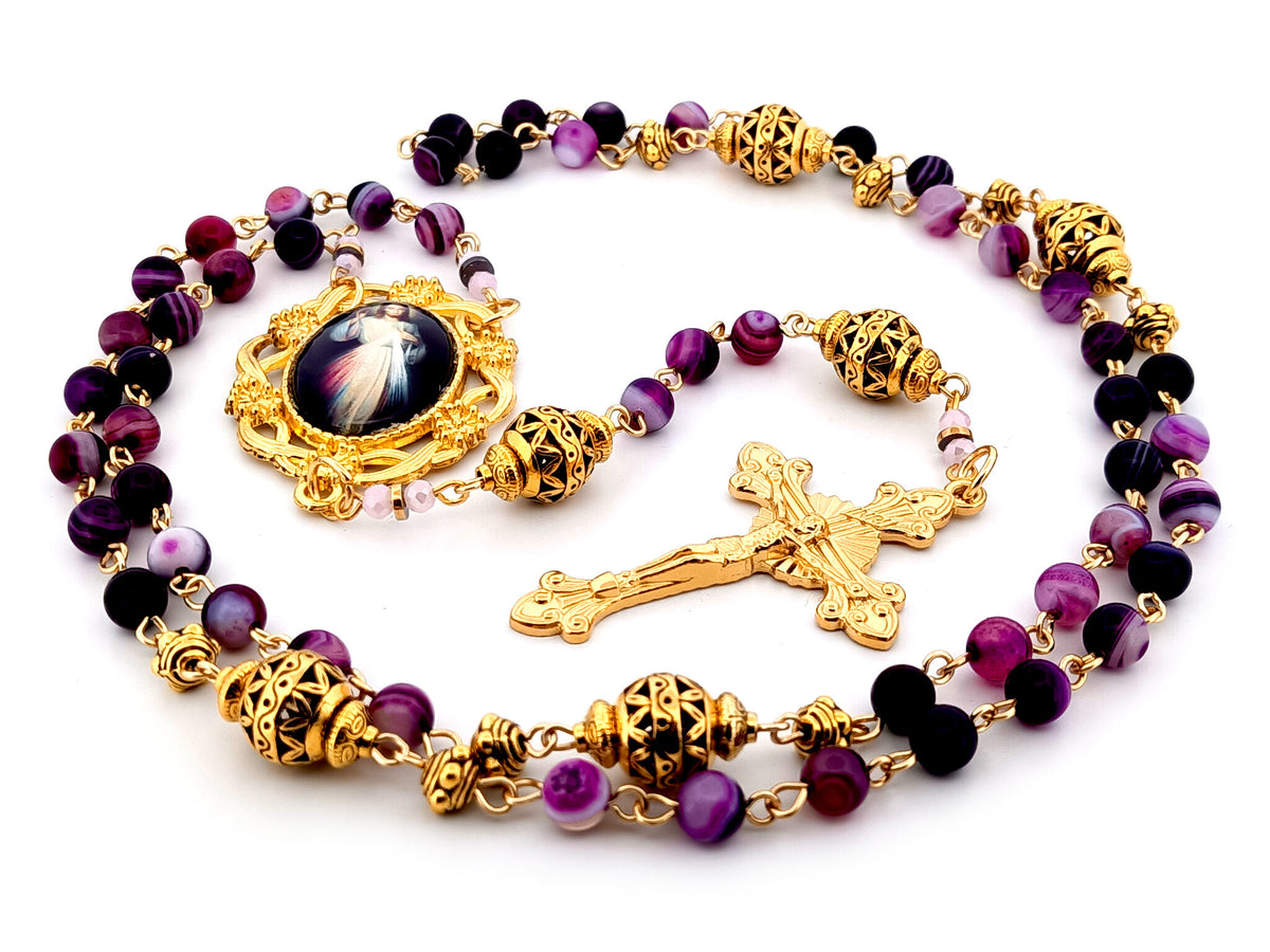 Divine Mercy purple striped agate and gold gemstone unique rosary beads with gold plated sunburst crucifix.