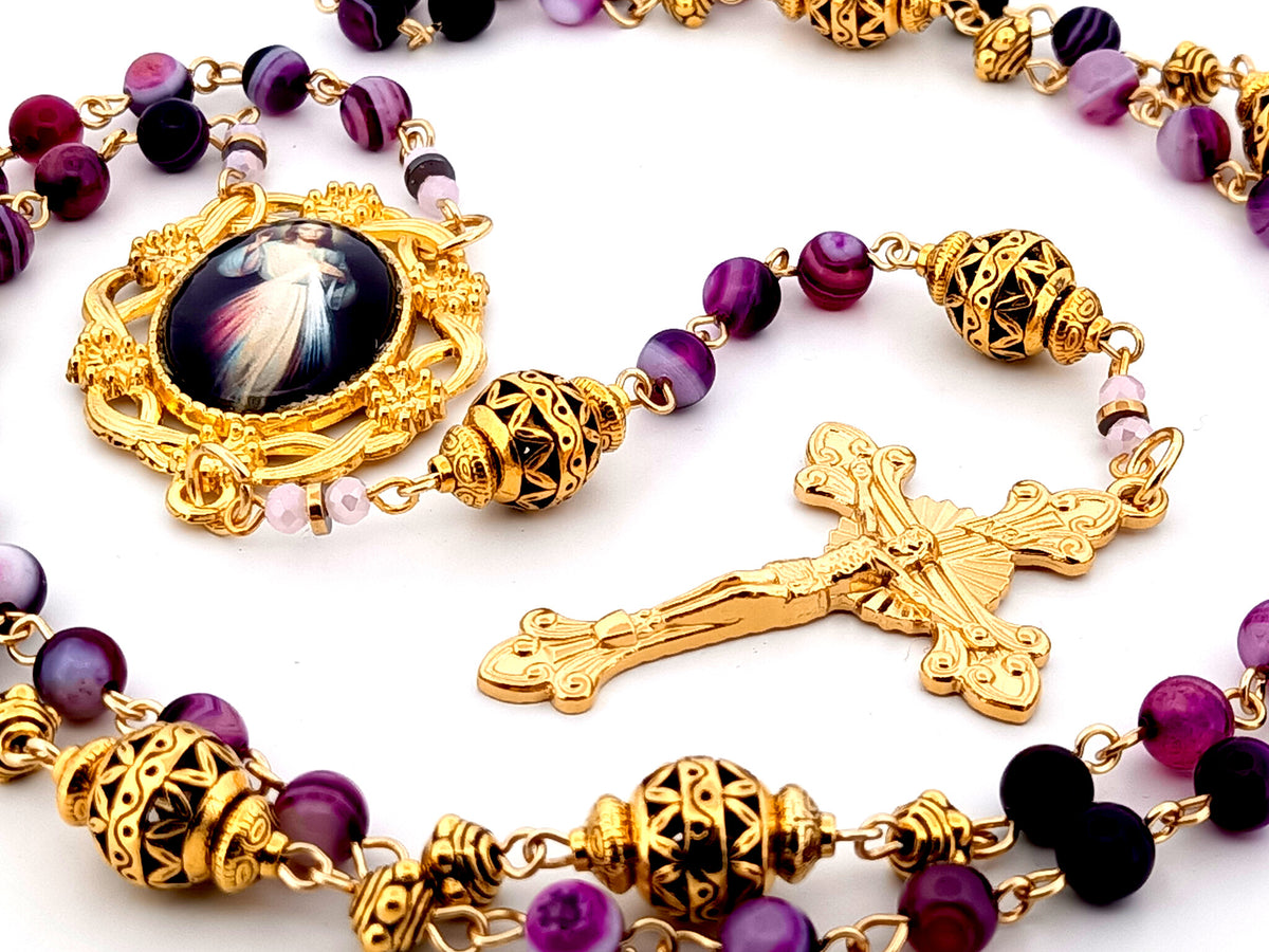 Divine Mercy purple striped agate and gold gemstone unique rosary beads with gold plated sunburst crucifix.