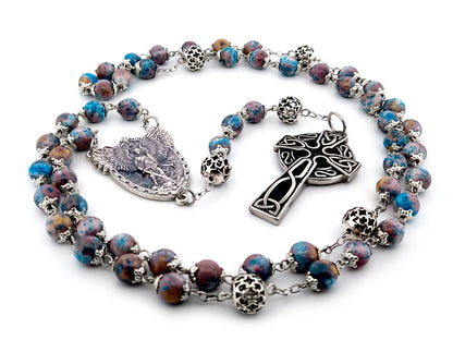 Saint Michael the archangel cyan dark marble gemstone and silver unique rosary beads with Celtic cross.